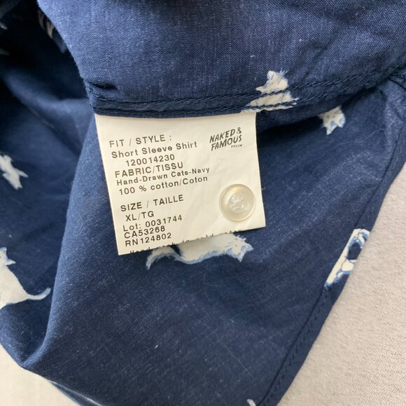 Naked & Famous Mens Shirt XL Navy Blue Hand Drawn Cats Button Up Short Sleeve - Picture 8 of 10